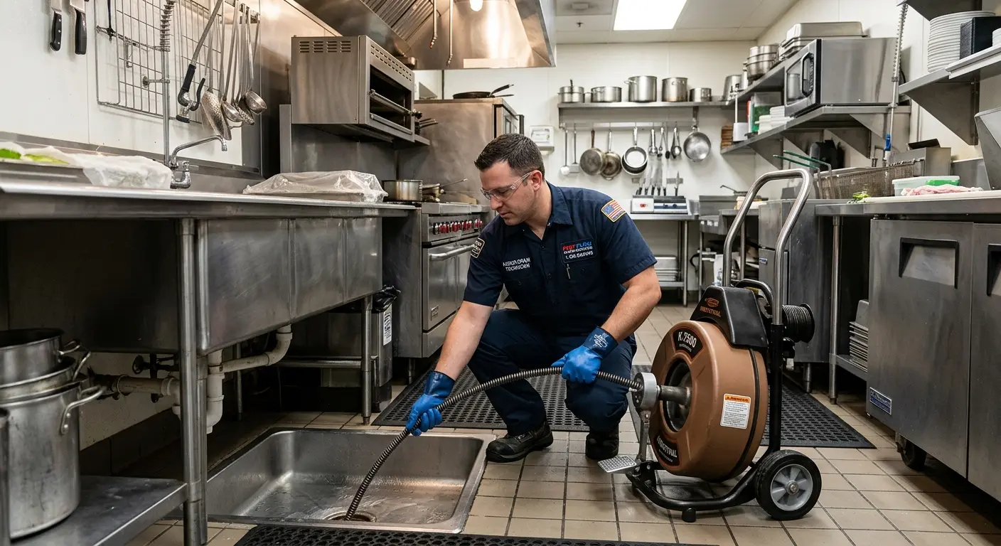 Commercial drain cleaning service in a restaurant kitchen in Wright