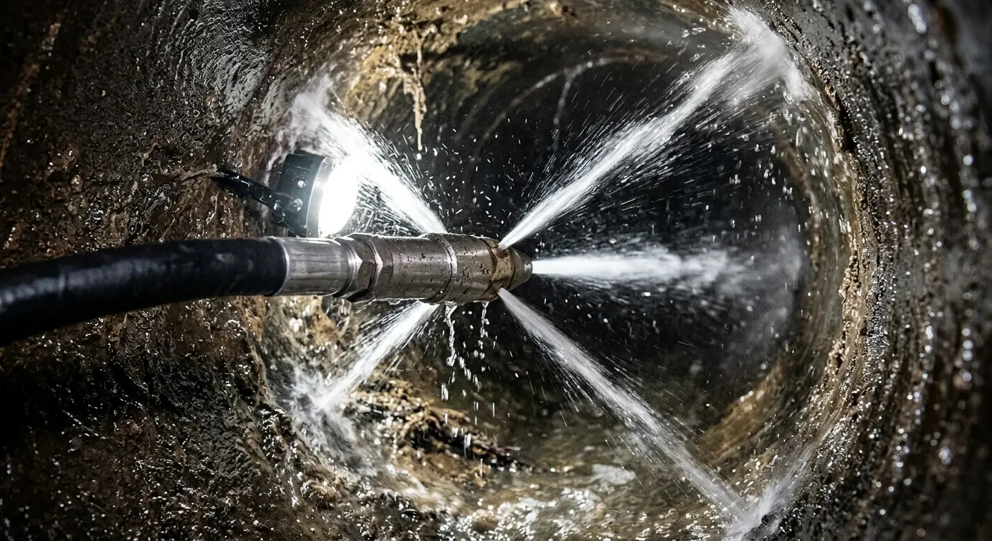 High-pressure hydro jetting nozzle cleaning sewer pipe for Trenchless Sewer Repair in Wright