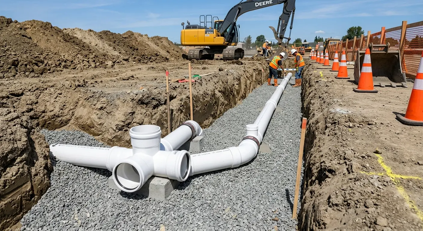 New PVC sewer pipe installation in open trench for Commercial Drain Cleaning in Wright