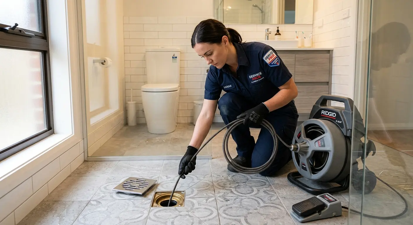 Technician clearing a bathroom floor drain for Hydro Jetting in Wright